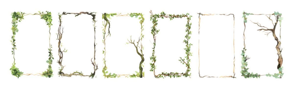 Floral tree branches form rectangle shape frame border collection set. Rustic arch hand drawn watercolor design elements vector illustration