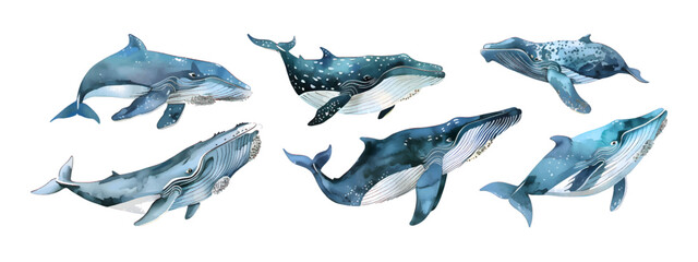 Set collection of hand drawn watercolor blue whale underwater animal painting vector illustration