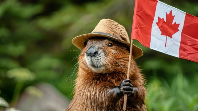 Beaver holding canada flag celebrating canada day in natural background