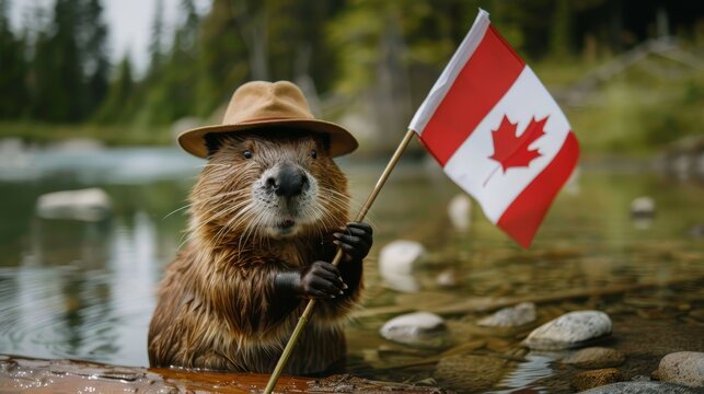 Beaver holding canada flag celebrating canada day