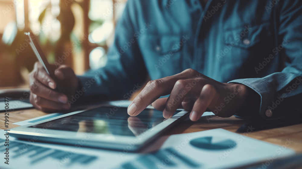 Aufkleber an image of a person engrossed in analyzing business analytics on a digital tablet backlight with wa