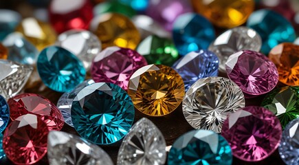 Fototapeta premium Close-up of a vibrant collection of faceted gemstones in various colors and sizes, sparkling luxury background