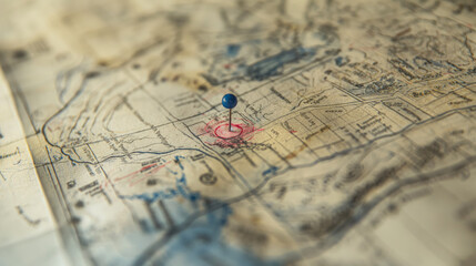 A detailed old-fashioned map with a blue pin marking a specific destination, highlighting the concepts of travel, adventure, and exploration