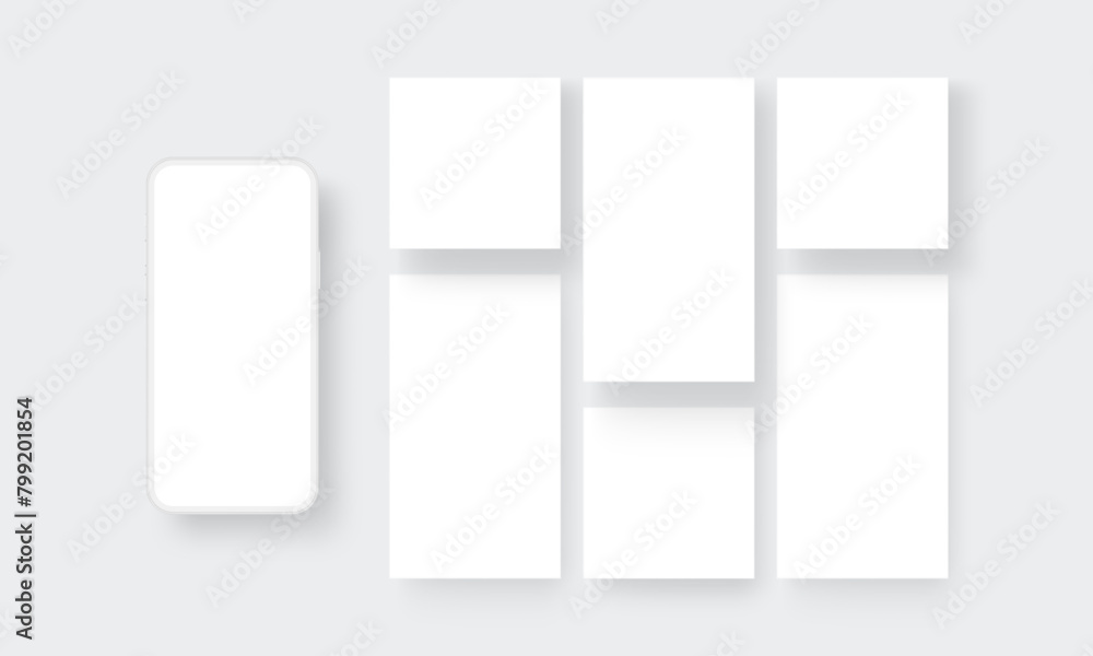 Poster clay smartphone mock up with blank mobile screens for showing social media posts design. vector illu