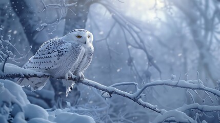 A pair of regal snowy owls perched on a snowy branch in a silent winter forest.