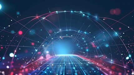 Obraz premium Abstract futuristic background with glowing lines and glow, forming an arch in the center of the composition on a dark blue background Vector illustration in the style of 