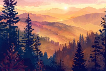 A beautiful mountain landscape with a sun setting in the background. The trees are tall and green
