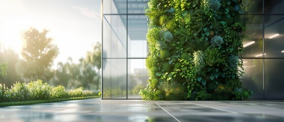 The image shows a modern glass and steel building with a green wall of plants growing on one side.