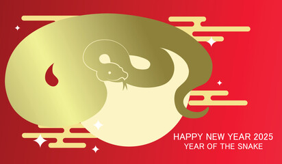 Lunar new year 2025 golden snake silhouette. Chinese zodiac snake silhouette on moon background with auspicious clouds pattern. Chinese new year 2025 card.