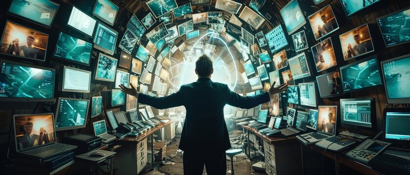 The image shows a man standing in a room with many screens