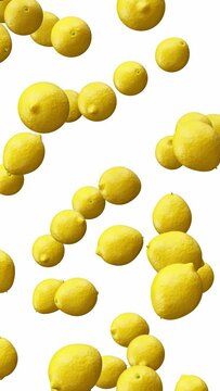 Vertical video. Realistic looping 3D animation of the fresh ripe lemons falling from the top rendered in UHD with alpha matte.