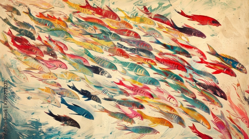 Poster a colorful chart displaying the annual movements of schools of fish illustrating their synchronized 