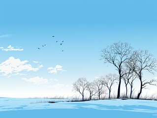 Continuous bright tree line art, vector graphic, against sky blue ,  simple line drawing