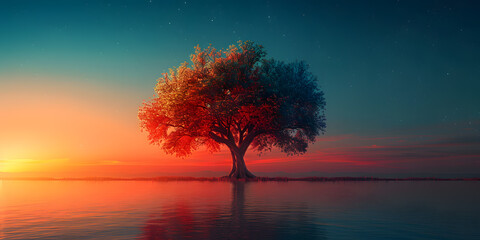 Harmonious Oasis: Tree Standing Tall Against Vibrant Gradient Background
