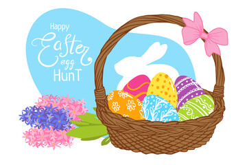 Happy Easter egg hunt greeting card template. colored egg basket with hyacinths flower  illustration for  greeting card, poster, invitation, banner, menu design. . Hand drawn doodle illustration