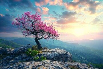 A Lonely Flowering Tree on A Rock, A Picturesque View, A Beautiful Meditative Landscape, Copy Space