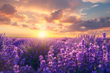 Lavender Field at Sunset, Purple Flowers Landscape, Morning Lavender Fields, Copy Space