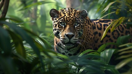 A sleek jaguar emerging stealthily from dense jungle foliage in the early morning light.