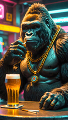 Mafia gorilla with golden neck chain drinking beer
