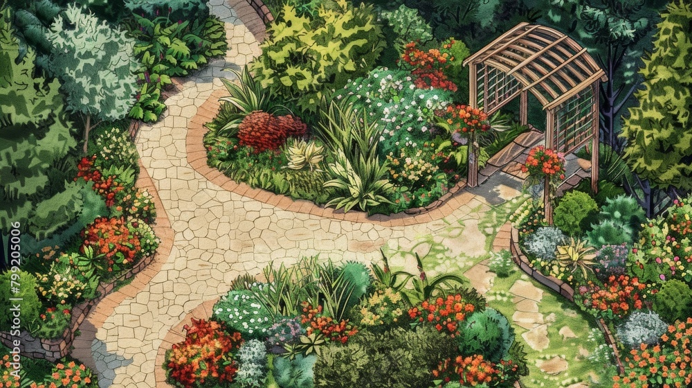 Poster a whimsical garden blueprint with winding paths hidden nooks and a charming trellis entrance..