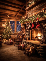 Cozy Christmas Scene with Rustic Fireplace, Stockings, and Lit Tree