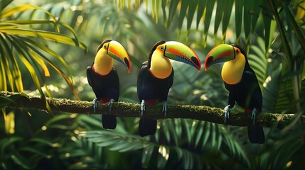 A trio of vibrant toucans perched on a branch, their colorful beaks contrasting with the deep green foliage.