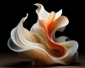 3d rendering of a white and orange flower made of multiple folded layers with a dark background