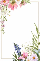 Frame decorated with pink and purple flowers. Watercolor flower borders in vibrant hues perfect for weddings, birthdays, cards, backgrounds, invitations, and wallpapers.