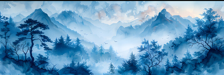Serene Forest Landscape with Majestic Trees and Subtle Blue Hues
