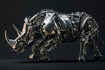 A robot rhino with a metal horn on its head. The robot rhino is walking on a dark background - obrazy, fototapety, plakaty