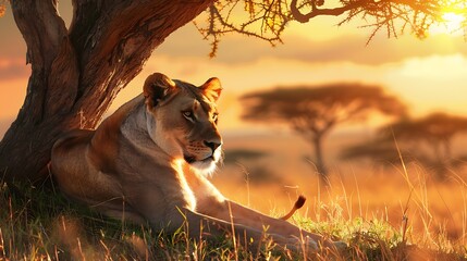 Majestic lioness resting under a shady acacia tree in the African savannah at sunset.