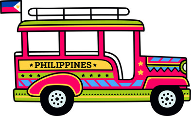 Jeepney, traditional public transport in Philippines. Bright painted bus taxi cartoon illustration.