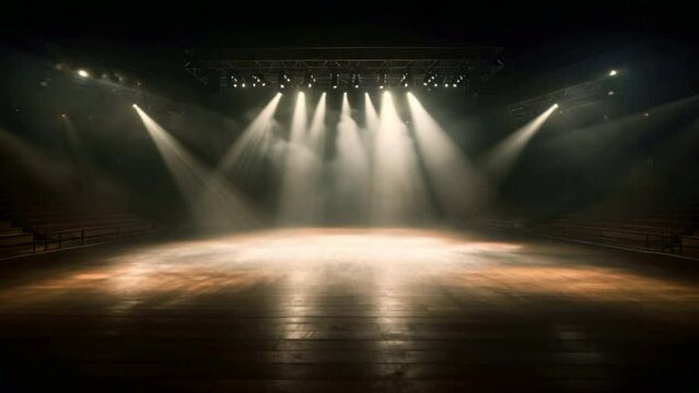 Empty stage lit by spotlights with atmospheric haze.