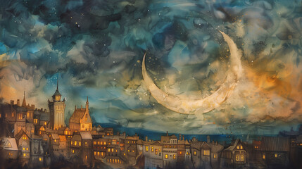 watercolour, fantasy golden Waxing Crescent - A sliver of the Moon becomes visible as a crescent on the right side, above an old town - obrazy, fototapety, plakaty