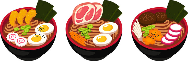 Ramen soup bowl set. Shrimp, pork and vegan traditional Japanese dish with thick udon noodles. Cartoon illustration.