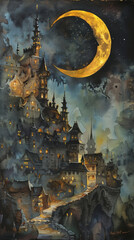 watercolour, fantasy golden Waxing Crescent - A sliver of the Moon becomes visible as a crescent on the right side, above an old town