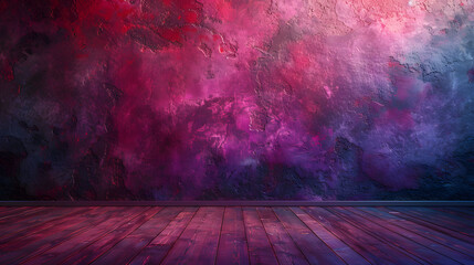 Vibrant Pink and Purple Grunge Wall Texture, Artistic Abstract Background with Wooden Floor, Moody Colorful Backdrop for Design, Copyspace for Creative Projects, Neon Glow Effect