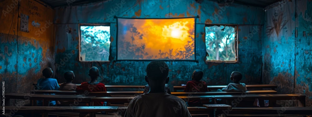 Aufkleber futuristic ai-powered classroom in developing country with interactive digital tools