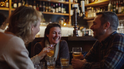 Colleagues sharing laughter and stories over drinks at the bar. Happiness, love, trust, relaxation