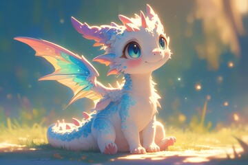 Cute baby dragon with rainbow colored scales, big eyes and wings sitting on the ground against a bright background