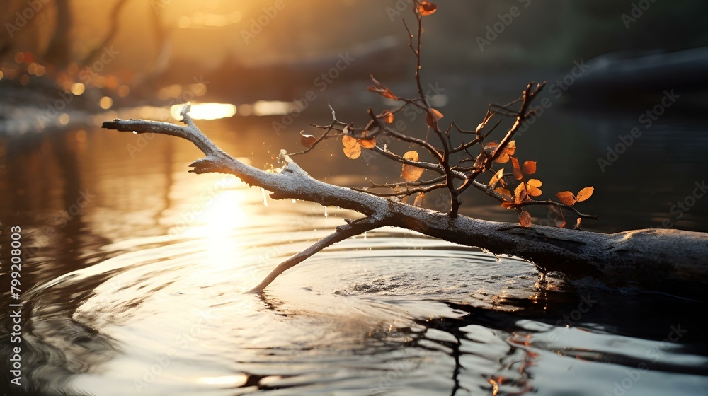 Poster tranquil river with tree branch extending over the water