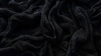 Textured black woven fabric with intricate patterns. Dark and elegant textile design concept