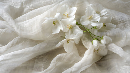 White apple blossoms on a delicate white fabric. Soft and natural springtime concept with copy space