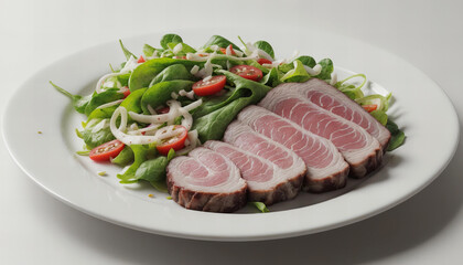 A plate of food with piece of meat and a salad. White background