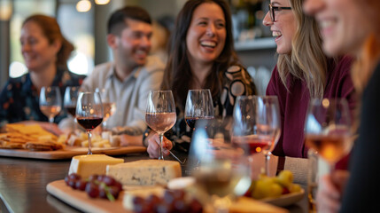 A group of coworkers bonding over a wine and cheese tasting experience. Happiness, love, trust, relaxation