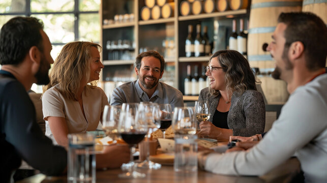 A group of coworkers bonding over a wine and cheese tasting experience. Happiness, love, trust, relaxation