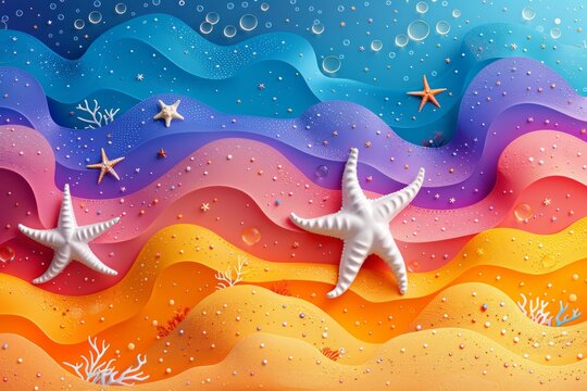 Summer banner: July or august abstract bech banner with star fish in orange, pink, purple and blue tones