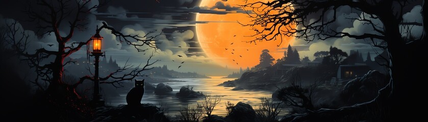 A dark and stormy night. A full moon shines over a lake. A cat sits on a rock in the foreground. A tree with bare branches is next to the cat. In the background is a ruined castle. - obrazy, fototapety, plakaty