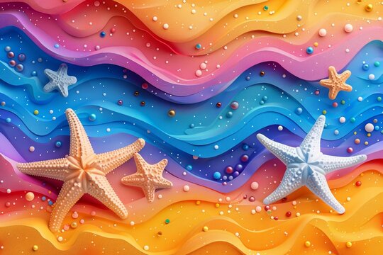 Summer banner: July or august abstract bech banner with star fish in orange, pink, purple and blue tones