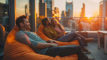 Employees relaxing on bean bags at a rooftop bar, enjoying the city skyline. Happiness, love, trust, relaxation - obrazy, fototapety, plakaty